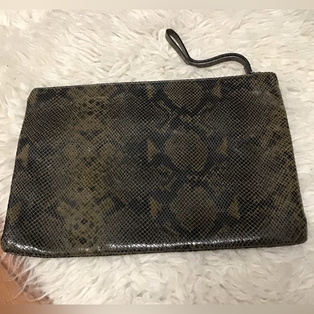 Banana Republic oversized olive green and black snakeskin embossed clutch bag